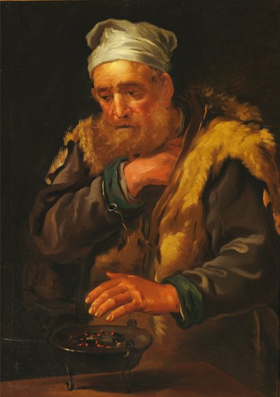 Interior con un anciano calentando sus manos sobre un brasero de Bernhard Keil